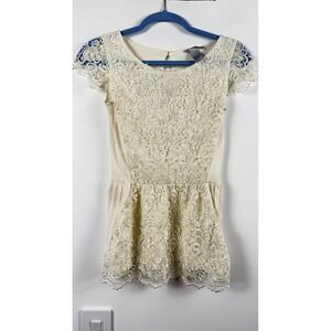 HM Cream Ivory Floral Lace Peplum Top Short Sleeve Blouse XS